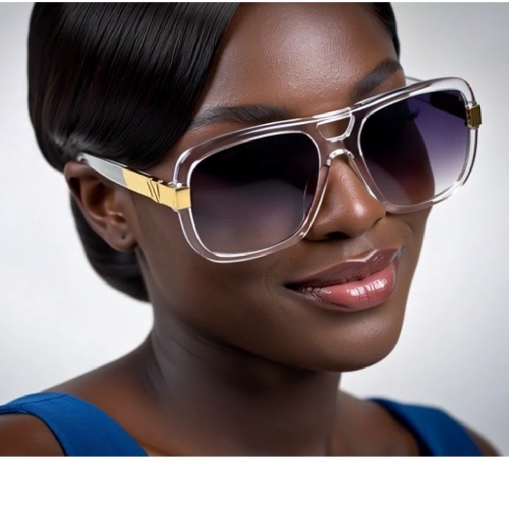 Square Aviator Sunglasses Clear Frame Gradient Dark Lenses Gold Accents Women